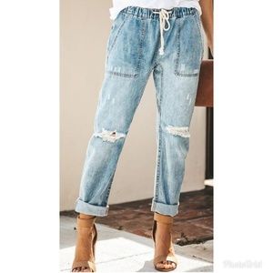 NWOT Distressed Drawstring Boyfriend Jeans